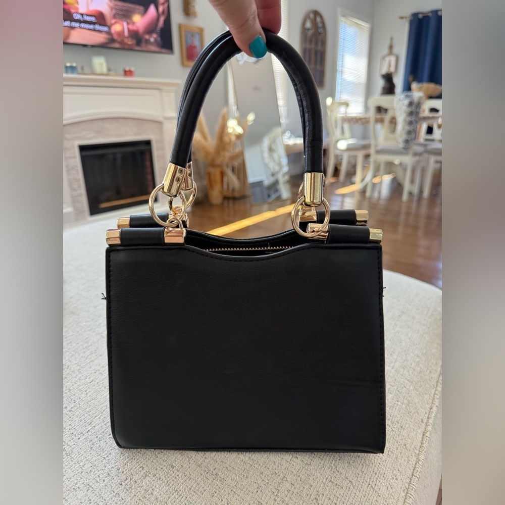 Bebe Black and‎ Gold Quilted Satchel with Elegant Hardware - Picture 3 of 5